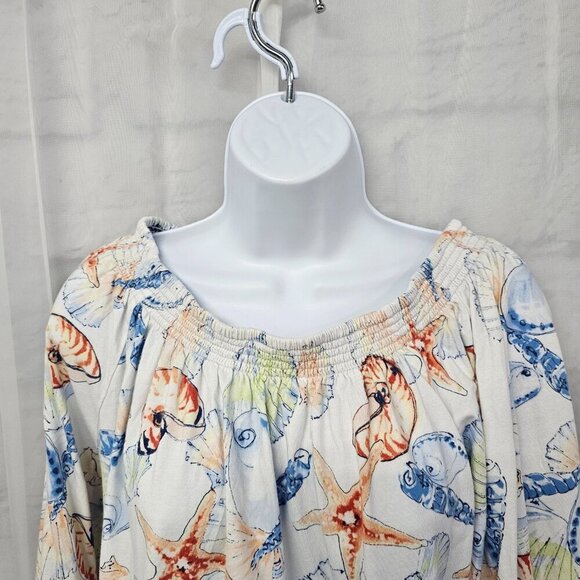 Chaps White Blue Seashell Blouse Beach Tropical L - Picture 2 of 11